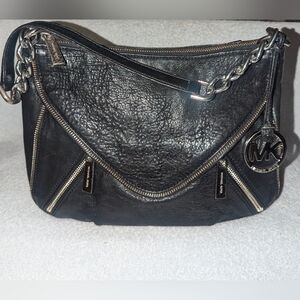 Michael Kors Black Leather Shoulder Bag with Silver Accents